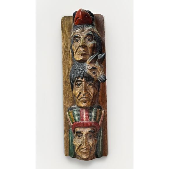 VTG Native American Inspired Handcarved Totem Pole 16” Three Chiefs Folk Art